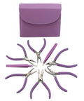 8 Piece Beading Pliers Set With Color Coordinated Tools And Orchid Leather Case For Jewelry Making Includes Chain Nose Pliers Side Cutter Pliers And Split Ring Tweezers To Craft Necklaces Bracelets And Earrings displayed with case