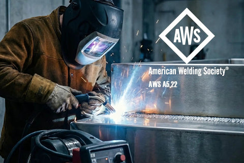 Welder using Gasless Flux Core Welding Wire Stainless Steel E308LFC-O 0.030 Inch Diameter 2 Pound Spool Self Shielded for slag removal.