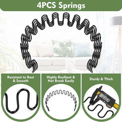 Four Pack Heavy Duty Couch Spring Repair Kit To Fix Saggy Sofas Quick Upholstery Seat Replacement Parts showing sturdy black metal springs.