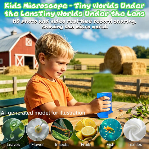 2 In 1 Kids Digital Microscope And Telescope With 1000X Magnification 10X Eyepiece 4K Imaging 2 Inch Screen shows a boy using it outdoors