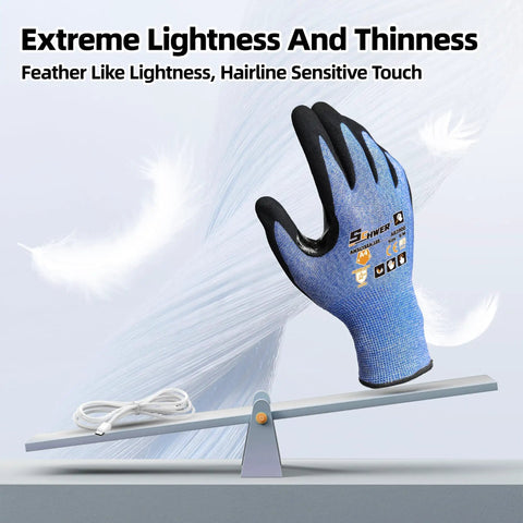 Air Skin A4 Ultra Thin Cut Resistant Work Gloves with Snug Fit displayed on a scale, large size, blue knit, nitrile grip.