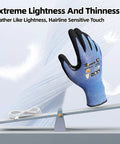 Air Skin Ultra Thin Cut Resistant Work Gloves With Sick Grip balancing on a scale, demonstrating lightness and sensitivity.