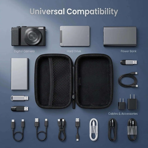 Black Hardshell Tech Travel Case For Cables And Chargers With Mesh Pocket And Elastic Straps Drip Proof Eva Cord Clutch For Smart Gadgets Everyday Carry Gear with digital camera and accessories.