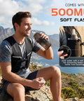 Man wearing Unisex Hydration Vest With Adjustable Chest Straps, Lightweight Go-To Reflective Running Pack For Marathon, Trail Runs, Cycling, Or Hiking, Includes 500ml Soft Flask For Easy On The Go Hydration, sitting outdoors and drinking from soft flask with landscape in background.