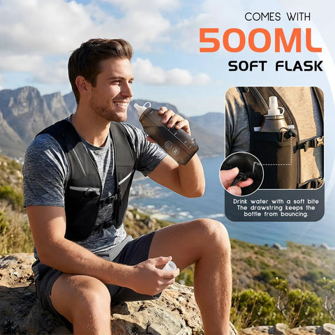 Man wearing Unisex Hydration Vest With Adjustable Chest Straps, Lightweight Go-To Reflective Running Pack For Marathon, Trail Runs, Cycling, Or Hiking, Includes 500ml Soft Flask For Easy On The Go Hydration, sitting outdoors and drinking from soft flask with landscape in background.