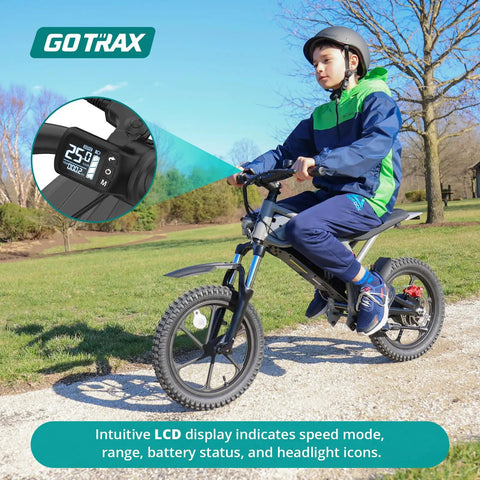 Young rider on an Off Road Electric Dirt Bike With 16 Inch Pneumatic Tires 300W Brushless Motor 15.5 MPH Top Speed 16 Mile Range Dual Suspension And Disc Brake Trail Ready Ride For 47 To 67 Inches Black, with focus on LCD display.