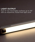 Ultra Slim Linkable LED Under Cabinet Lights With Motion Sensor Dimmable 10 Level Brightness Cool White 4000K Tool Free Install 9 Inch Length Kitchen Accent Lighting For Modern Homes showing light output and fixture