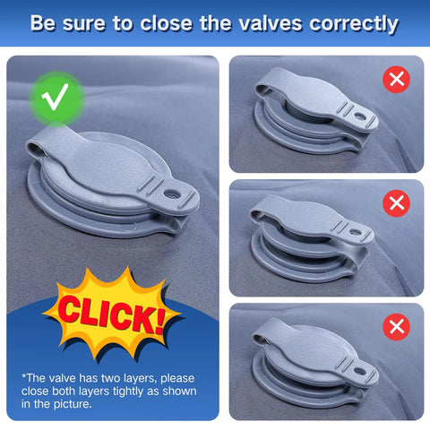 Instructions for closing valves on Double Camping Sleeping Pad Comfy 6 Inch Thick Self Inflating 2 Person Mat With Built In Pillow.