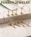 Gold Zircon Nose Studs 20 Piece Set Dope Threadless Flat Back Nose Jewelry 18G 20G shown on stone surface.