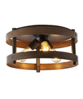 Dark Brown Wood And Oil Rubbed Bronze Three Light Iron Flush Mount Ceiling Light, Farmhouse Industrial Round Fixture