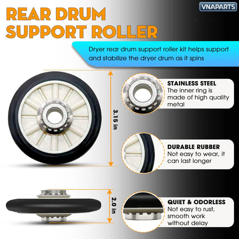 All In One Dryer Repair Kit With Drum Rollers Idler Pulley And Belt For Whirlpool Amana Maytag KitchenAid Dryers rear drum roller