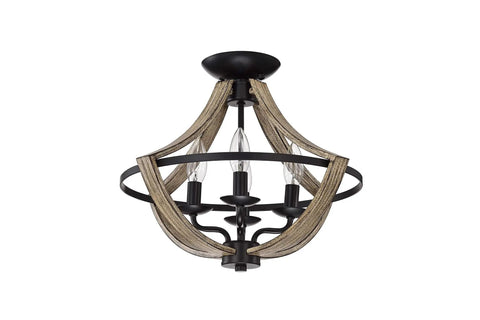 Matte Black Metal Open Cage 4 Light Semi Flush Mount With Dope Wood Grain Finish In Brown Indoor Ceiling Light Fixture Requires Four 60 Watt E12 Bulbs Not Included