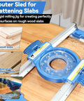 Flat Sled System for Precise Router Trimming and Planing showing adjustable aluminum rails, fits wood slabs up to 28 inches wide.