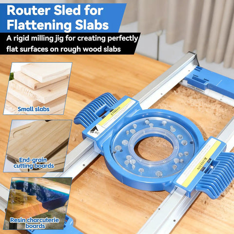 Flat Sled System for Precise Router Trimming and Planing showing adjustable aluminum rails, fits wood slabs up to 28 inches wide.