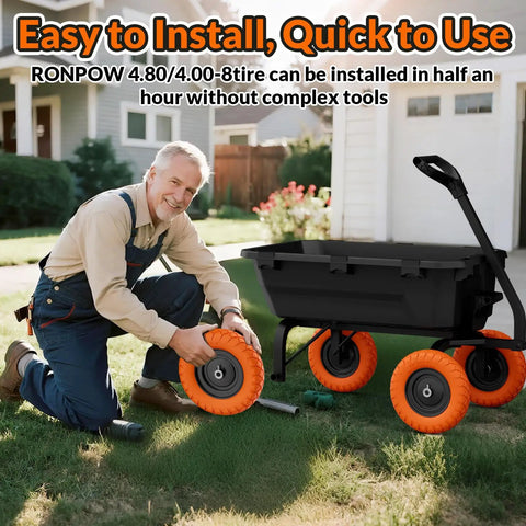 Man installing Flat Free 16 Inch Wheelbarrow Tire And Wheel Set Puncture Proof Solid 4.8 4.0 8 Tire on garden cart