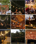 Collage showing 100Ft Outdoor LED G40 Globe String Lights Waterproof IP44 With 52 Shatterproof Bulbs Plus 2 Extras Dimmable Connectable