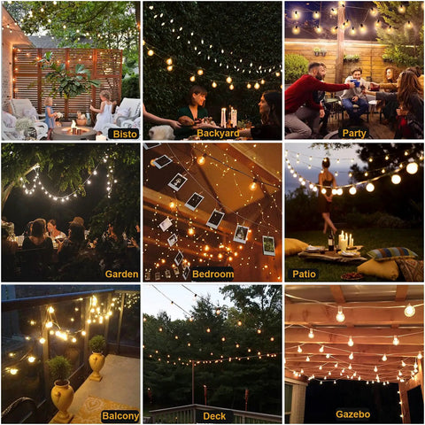 Collage showing 100Ft Outdoor LED G40 Globe String Lights Waterproof IP44 With 52 Shatterproof Bulbs Plus 2 Extras Dimmable Connectable