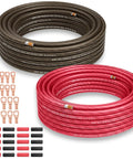 8 Gauge Power Ground Wire Kit for Car Audio and Auto Electrical Installations With Two 10 Ft Red and Black CCA Cables 20 Heat Shrink Tubes 20 Lugs Battery Cable Amp Wiring Kit and Inline Fuse Pack, showing coiled wires, lugs, and heat shrink tubes.