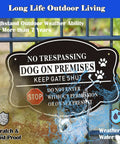 2 Pack No Trespassing And Dog On Premises Yard Signs, 10 By 7 Inch Rock Solid Aluminum Warning Plates, displayed on a fence.