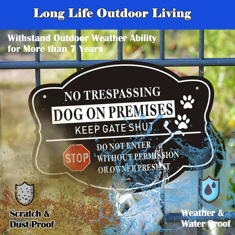 2 Pack No Trespassing And Dog On Premises Yard Signs, 10 By 7 Inch Rock Solid Aluminum Warning Plates, displayed on a fence.