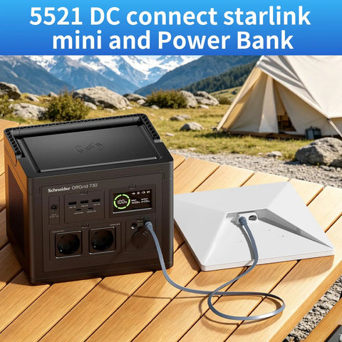 Ablian Starlink Mini Power Cord 32.8FT Flat DC5521 Charging Cable Waterproof Outdoor connected to Power Bank in campsite.