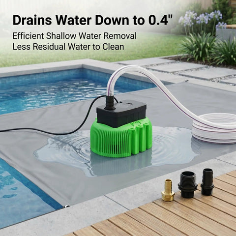 Above Ground Pool Cover Drain Pump 850 GPH Submersible With Built In Thermal Protection 16 Ft Hose 25 Ft Cord 3 Adapters For Pools Green