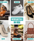 Versatile use of shoes and handbag: leather shoes, sneakers, high heels, boots, hiking shoes, handbags displayed in a grid.