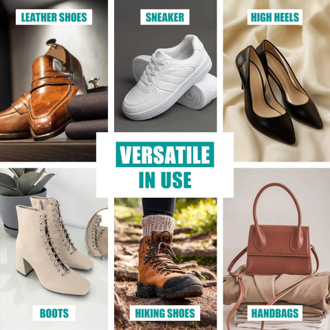 Versatile use of shoes and handbag: leather shoes, sneakers, high heels, boots, hiking shoes, handbags displayed in a grid.