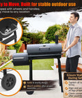 Dual Chamber Charcoal Grill With Offset Smoker, Spacious 510 Sq In Cooking Space, easy mobility with wheels, backyard setup