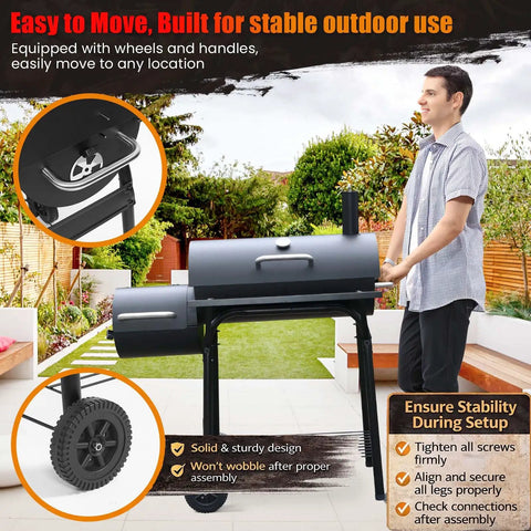 Dual Chamber Charcoal Grill With Offset Smoker, Spacious 510 Sq In Cooking Space, easy mobility with wheels, backyard setup