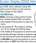 On-screen display menu instructions for adjusting settings on a security dome camera via joystick control.