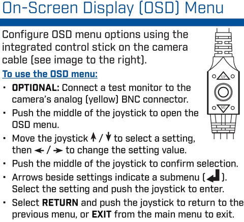 On-screen display menu instructions for adjusting settings on a security dome camera via joystick control.