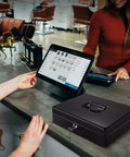 Metal Cash Box With Lock And Nine Compartment Tray For Small Biz Portable Money Box visible on counter near checkout tablet