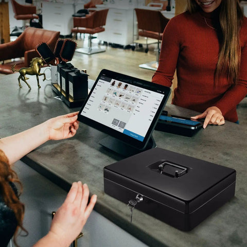 Metal Cash Box With Lock And Nine Compartment Tray For Small Biz Portable Money Box visible on counter near checkout tablet