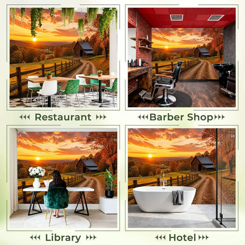 No Sweat Peel And Stick Wall Murals Featuring Rustic Barn Sunset Autumn Print Self Adhesive Vinyl Removable Stickers For Boys Girls Bedrooms Easy Room Refresh Makeover in restaurant, barber shop, library, and hotel settings.