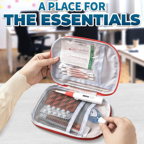 Open Two Pack Grab And Go Travel First Aid Bag Set With Zippered Compartments Portable Small Medical Pouch Water Resistant 7.1x5.1 Inch Kit showing contents like cotton swabs and thermometer in an office setting.