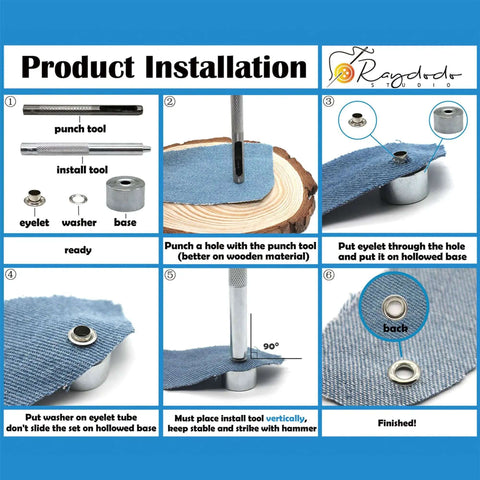 Installation steps for Must Have Reinforced Grommet Kit Set For DIY Projects with 3/16 Inch Brass Eyelets and tools