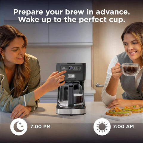 Two women using CafeCraft 12 Cup Programmable Coffee Maker With Stainless Steel Drip Design, breakfast setup