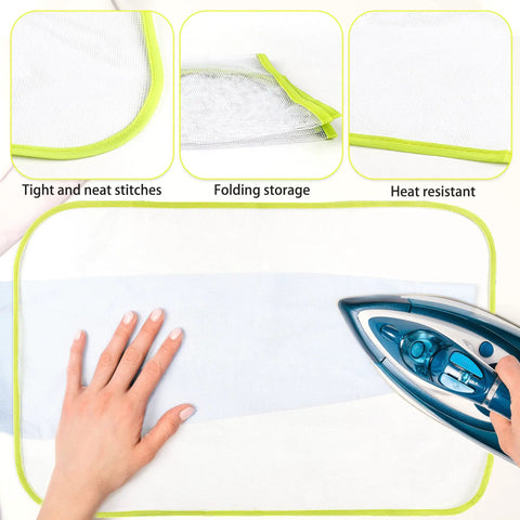 Close-up of 10 Pack Mesh Ironing Cloths 24x16 Inches Large Pressing Pads For Ironing Board Hangers showcasing tight stitches and steam usage.