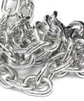 1/4 Inch Grade 30 Proof Coil Chain 141 Feet Zinc Plated Steel Rope close-up of shiny link details for heavy duty outdoor projects.
