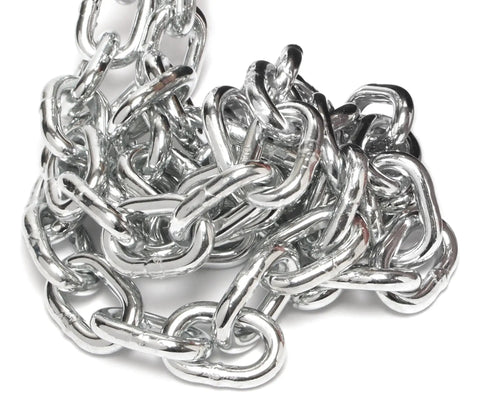 1/4 Inch Grade 30 Proof Coil Chain 141 Feet Zinc Plated Steel Rope close-up of shiny link details for heavy duty outdoor projects.