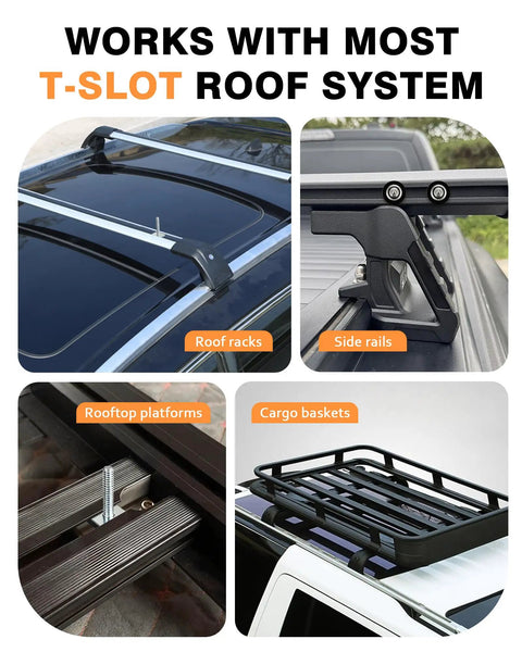 Heavy Duty M8x30mm T Track Bolt Adapter Kit for Roof Rack Cross Bars and Platforms attached to T-slot roof system.