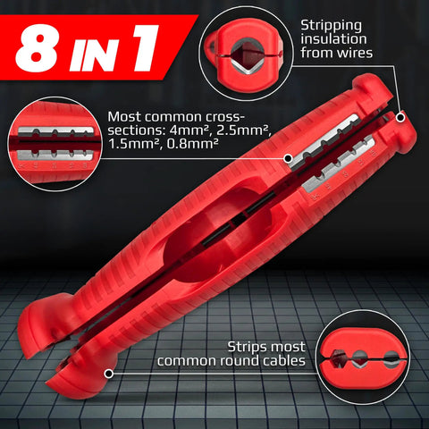 Versatile 8-in-1 Multifunction Wire Stripper Cable Tool For Stripping And Cleaning Coaxial EDR LAN DSL Power Cables Easily Handles Round Section Wiring Jobs Quick Safe Use For Pro Setup Tasks, showing detailed wire stripping sections.