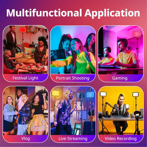 Image showing RGB Photography Video Lighting Kit With Adjustable Tripod Stand, 16 Color Options for various scene applications.