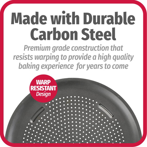 AirPerfect Nonstick 15.75 Inch Pizza Pan Set Of 2 showing durable carbon steel with warp resistant design