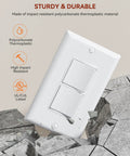 Plug And Play Double Paddle Rocker Light Switch For Two Fixtures Single Pole Decorator Style 15 Amp Self Grounding Electrical Switch Residential Grade UL Listed Glossy White Face Easy Install Reliable Power Control, white polycarbonate thermoplastic dual switch
