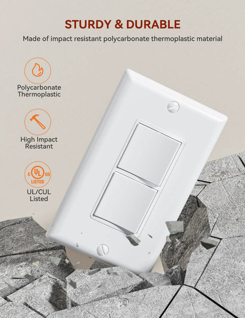 Plug And Play Double Paddle Rocker Light Switch For Two Fixtures Single Pole Decorator Style 15 Amp Self Grounding Electrical Switch Residential Grade UL Listed Glossy White Face Easy Install Reliable Power Control, white polycarbonate thermoplastic dual switch