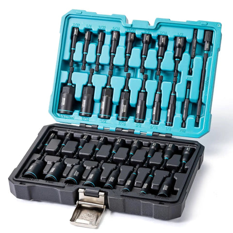 Magnetic Nut Driver Set 35 Piece For Impact Drill With Metric And SAE Nut Drivers Deep And Regular Wing Nut Driver 12mm Quick Release Bit Holder And 6 Inch Bit Extender In Handy Toolbox