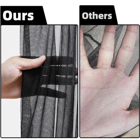 Comparison of Ultra Dense Mosquito Tent With Foldable Mesh For Single Person Keeps NoSeeUms Out With TightWeave Net Perfect For Camping Travel Patio Includes Storage Bag Black on left and other mesh on right, showing durability and tightness differences.