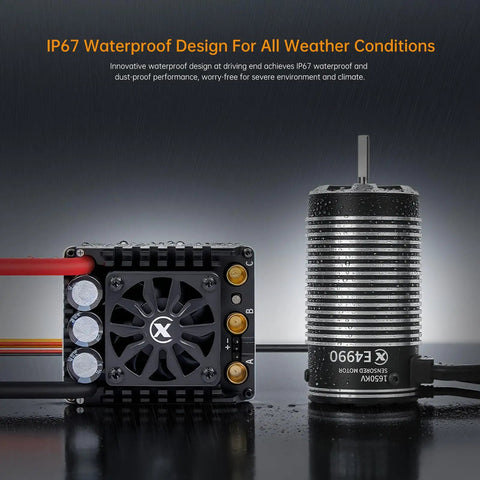 Beefy Motor And E6 Sensored Brushless ESC Combo for RC Cars with IP67 waterproof design, shown with cooling fan and motor details.